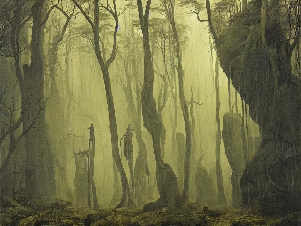 Prompt: Giant African sculpted god in a ravine, fog, melancholy, noise, surreal canopy, Harsh, golden light. Painting by Caspar David Friedrich, Peter Doig, Yves Tanguy.