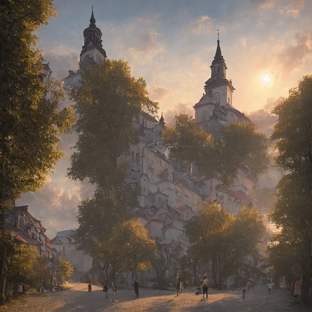 Image similar to a beautiful photo of banska stiavnica in summer with old houses and trees in sunset, sky, people walking on street, unreal engine, by greg rutkowski and james gurney, artstation