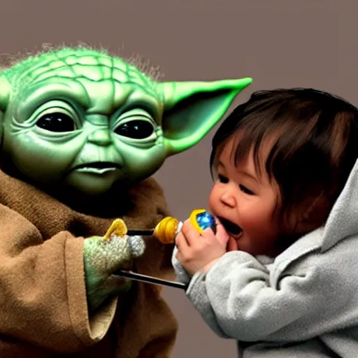 Prompt: A realistic photo of Baby Yoda with a lightsabre and a feeding bottle