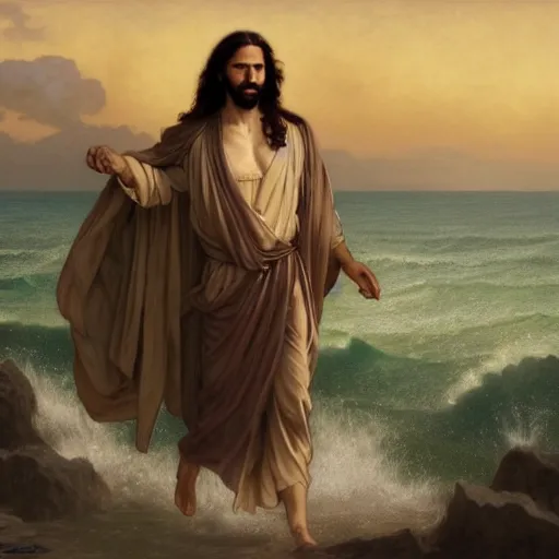 Image similar to an extremely detailed matte painting of a ridiculously good looking jesus that looks like a jewish gigachad with his 1 2 apostle entourage, long curly hair, elegant ancient greek dress, very detailed, windy beach, beautiful, intricate, cinematic, artstation, william bouguereau, alphonse mucha, greg rutkowski, rossdraws, octane render