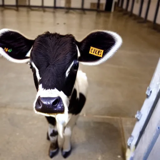 Image similar to cute calf with big eyes dressed as an inmate inside a jailcell