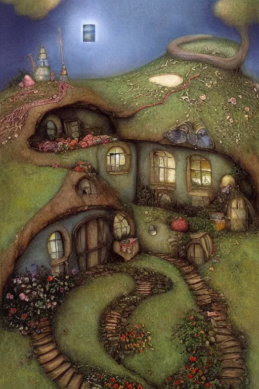 Prompt: beautiful matte painting of a cottage on a hill whimsical by brian froud and bridget bate tichenor with huge dlowing spiral