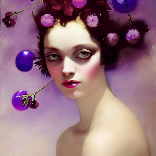 Image similar to a girl with three eyes : : on 5 translucent luminous spheres, full of floral and berry fillings, in an ocean of lavender color by rolf armstrong, monia merlo