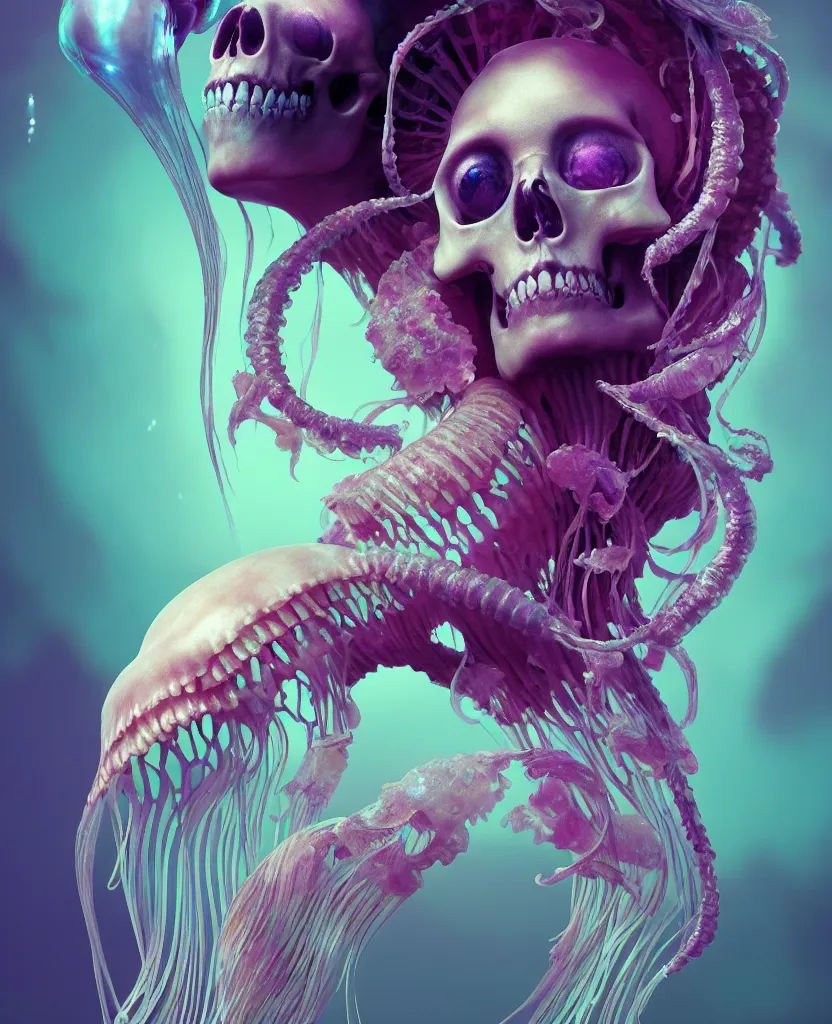 Image similar to goddess close - up portrait human skeleton, ram skull, jellyfish, orchid, betta fish, bioluminiscent, intricate artwork by tooth wu and wlop and beeple. octane render, trending on artstation, greg rutkowski very coherent symmetrical artwork. cinematic, hyper realism, high detail, octane render, 8 k