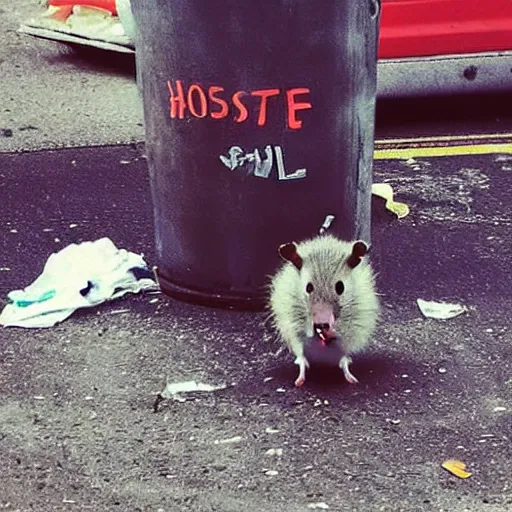 Image similar to “ hamster dressed as a homeless person sitting at an intersection with arms stretched out holding a tin can, trash on ground, sad atmosphere ”