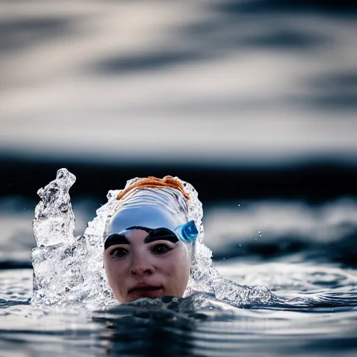 Image similar to a photo of a female swimming in a block of ice, 5 0 mm lens, f 1. 4, sharp focus, ethereal, emotionally evoking, head in focus, volumetric lighting, 8 k