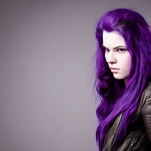 Prompt: A majestic portrait of a young woman with long purple hair, wearing a leather jacket, highly detailed, 4k, DSLR photograph