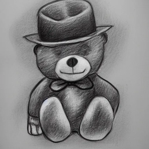 Image similar to suspicious teddy bear wearing a fedora, sneaking, looking around, in an alley, pencil sketch, black and white