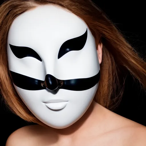 Prompt: professional photograph of a white porcelain mask, female face shaped, floating, black background, light source on top, front view