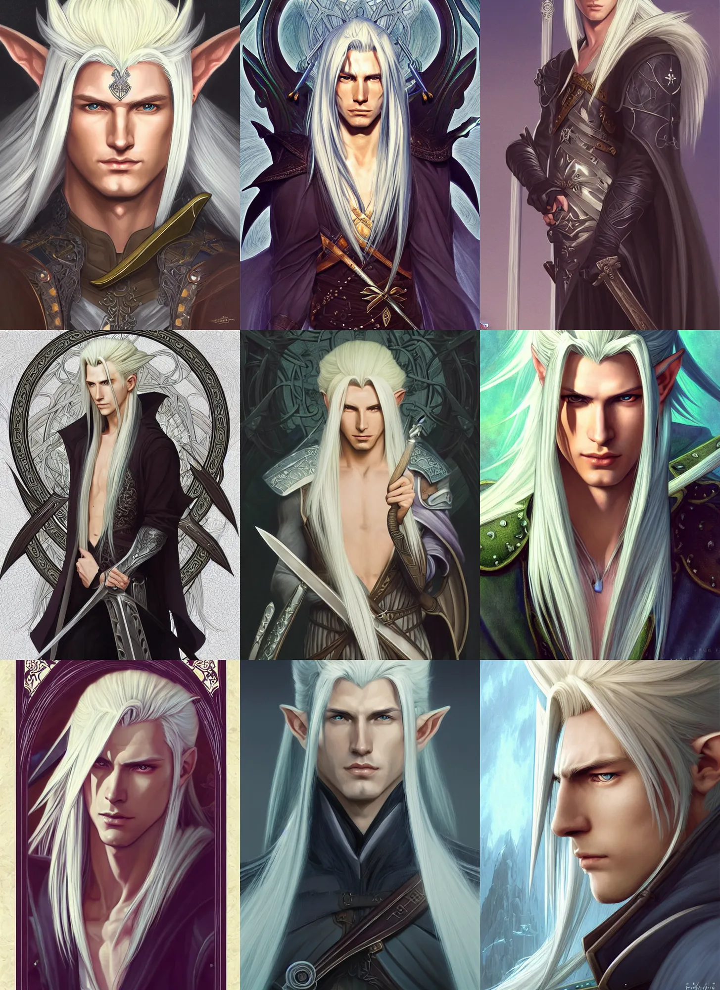 Prompt: centered portrait, Sephiroth as a male D&D Elf Ranger, blonde hair, Art Nouveau, beautiful retro Fantasy heroine 1985, intricate, elegant, highly detailed, centered, digital painting, trending on artstation, concept art, smooth, sharp focus, illustration, art by raphael lacoste, eddie mendoza, Mucha, alex ross, WLOP