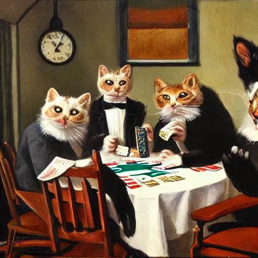 Prompt: the cats playing poker painting by cassius marcellus coolidge