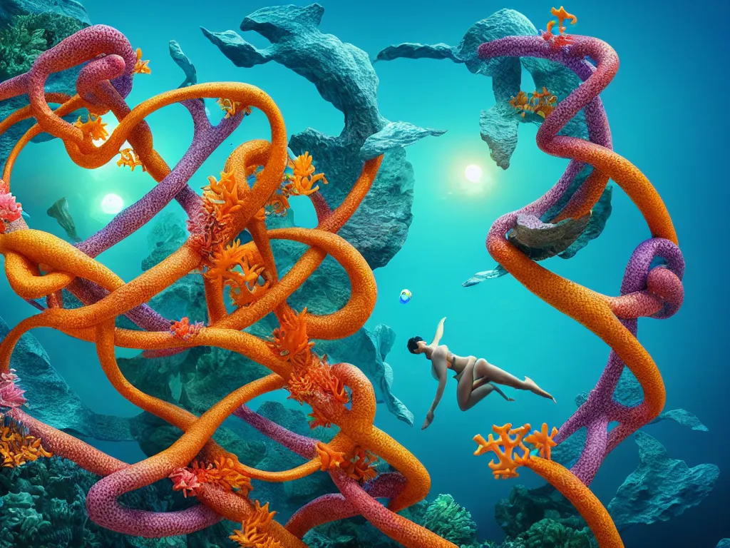 Prompt: a sculpture of fish ocean intertwined, diode lighting, a lovely cornucopia of flowers and human body parts, body parts, highly detailed, octane render, cinematic, sharp focus, clean, studio lighting, sunset, great barrier reef, on sea level