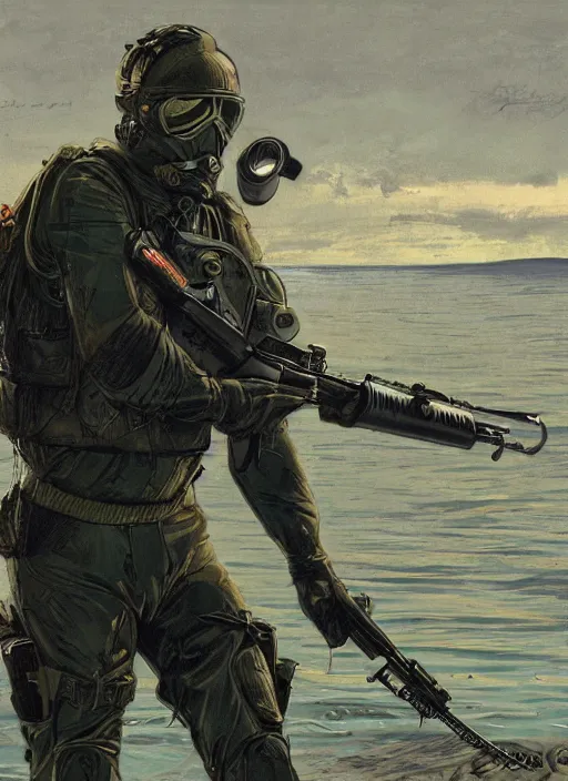 Image similar to Hector. USN blackops operator emerging from water at the shoreline. Operator wearing Futuristic wetsuit and looking at an abandoned shipyard. Frogtrooper. rb6s, MGS, and splinter cell Concept art by James Gurney, Alphonso Mucha. Vivid color scheme.