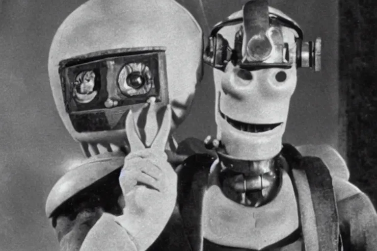 Image similar to A movie still of a 1920s silent film featuring Bender from Futurama