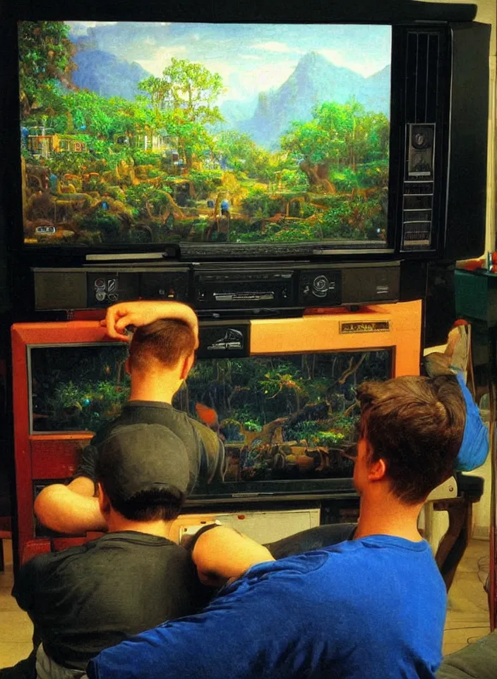 Prompt: Men playing video games on CRT television using Atari joysticks. Painting by Robert Edward Hughes. Intricate details. hyper realism. Masterpiece.