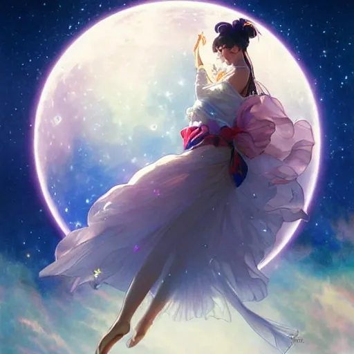 Image similar to Sailor Moon jumping accross the Moon, nature unity, planets align, clear sky high detail, high detail face, art by artgerm and greg rutkowski and alphonse mucha