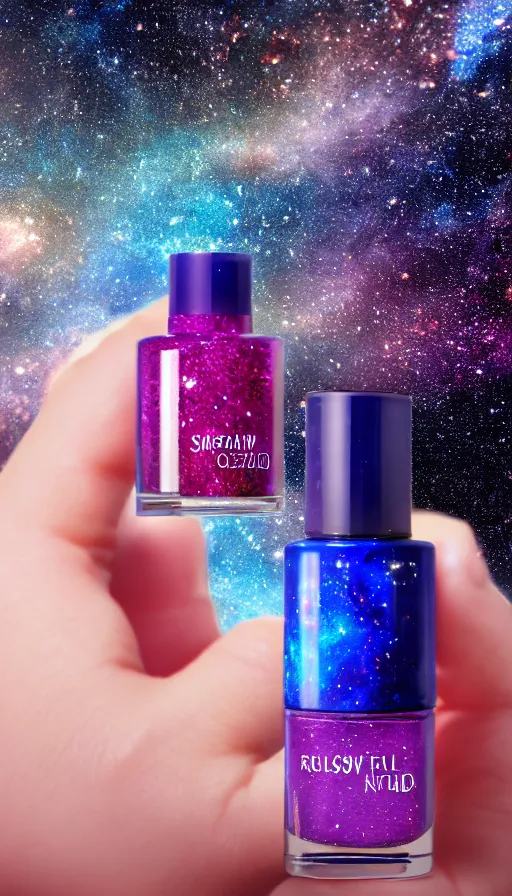 Prompt: a beautiful bottle of nail polish filled with a galaxy, insane, intricate, highly detailed, Zeiss Lens, smooth, sharp focus, Unreal Engine 5, Octane Render, Redshift, 8K