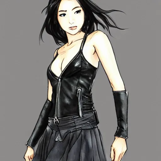 Image similar to a perfect, realistic professional digital sketch of a Japanese young woman posing, wearing leather jacket and skirt, in style of Marvel, full length, by pen and watercolor, by a professional American senior artist on ArtStation, a high-quality hollywood-style sketch, on high-quality paper