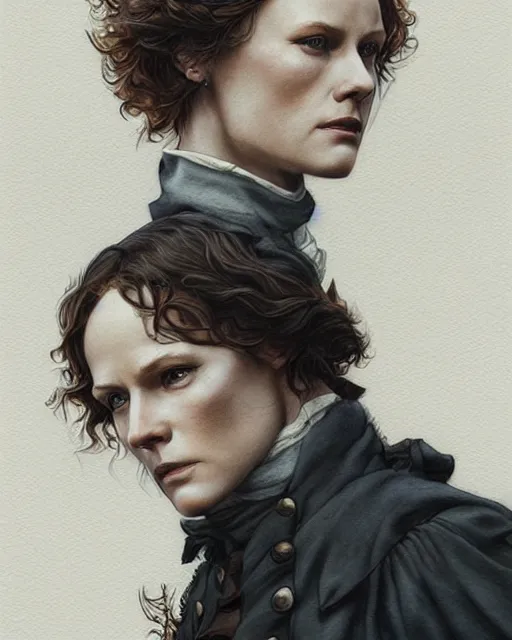 Prompt: in the style of joshua middleton, artgerm, scene from jamie and claire outlander, detailed realisitc eyes, detailed realistic eyes, detailed and intricate