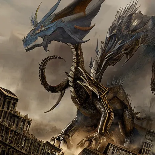 Prompt: giant metal dragon monster made of machinery standing atop skyscrapers in the middle of a ruined city, digital art, highly detailed