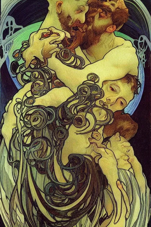 Image similar to saturn devouring his son, beautiful dark art, painting by alfons mucha