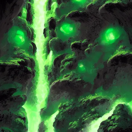 Image similar to green lava waterfall, Trending on Artstation, Hiroaki Tsutsumi style