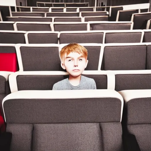 Prompt: real photo of a boy sitting alone in a cinema, extremely detailed and intricate