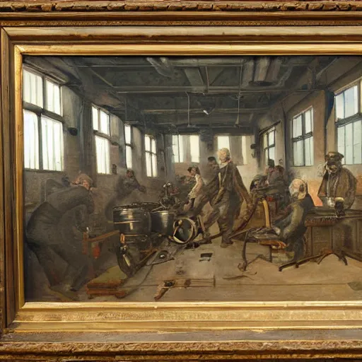 Image similar to oil painting of a nineteenth century engineers workshop, chaotic. in the center a big armoured suit akin to a submarine with a diving helmet