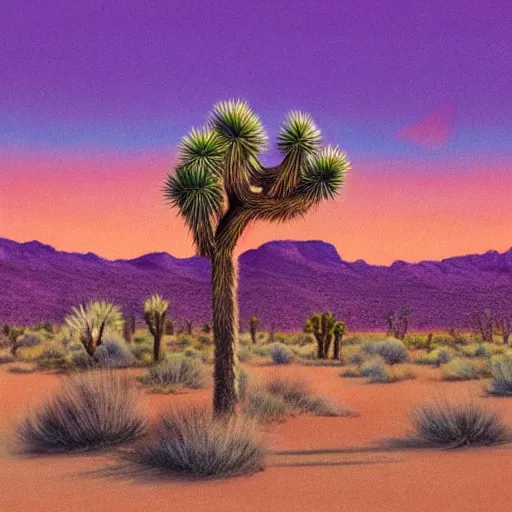 Prompt: A giant nose in a desert with many joshua trees and a red sun in the sky. Pastel.