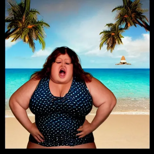 Image similar to The photo depicts an obese woman in a bathing suit, with her curves and rolls exaggerated. She has a look of surprise on her face, as if she can't believe what she's seeing. The background is a fake beach scene, complete with palm trees and sand. The overall effect is both hilarious and surreal. Photomanipulation.