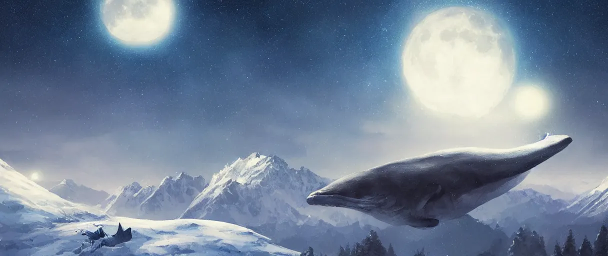 Image similar to blue whale flying in sky, above mountains, concept art, snow, starry sky, nighttime, full moon, by Jordan grimmer, realistic, high detail