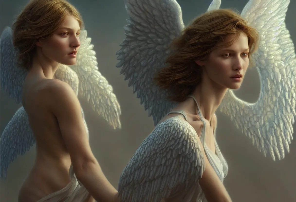 Image similar to detailed portrait of an angel spread wings, diffuse lighting, scifi fantasy, intricate, highly detailed, lifelike, photorealistic, digital painting, artstation, illustration, concept art, smooth, sharp focus, art by john collier and albert aublet and krenz cushart