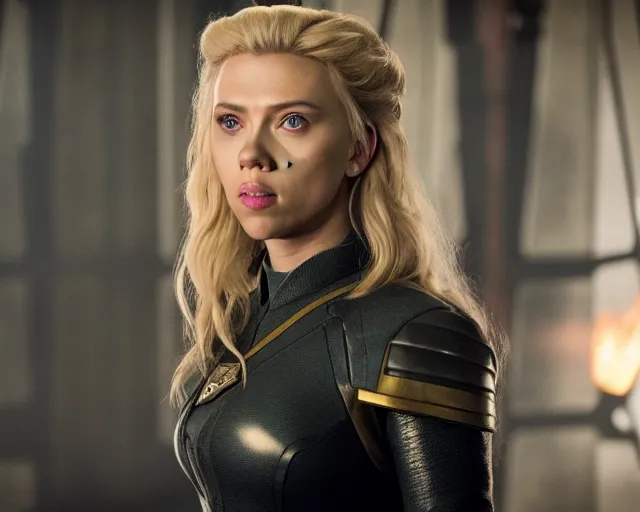 Image similar to scarlett johansson, in starfleet uniform, playing lagertha in a scene from the tv series vikings