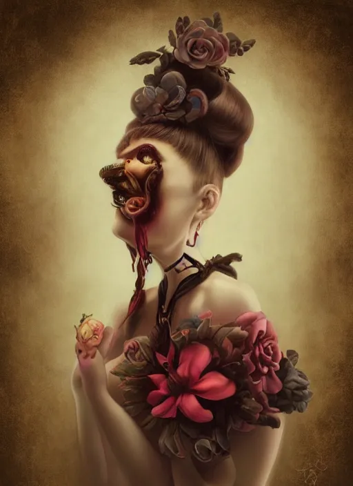 Image similar to pop surrealism, lowbrow art, realistic cute girl painting, japanese street fashion, hyper realism, vivid colours, rococo, natalie shau, loreta lux, tom bagshaw, mark ryden, trevor brown style,