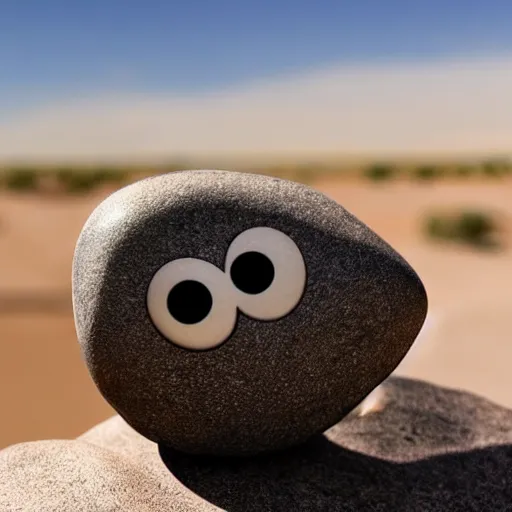 Image similar to a smooth stone that has 2 googly eyes. on a desert cliff with a blurry background.