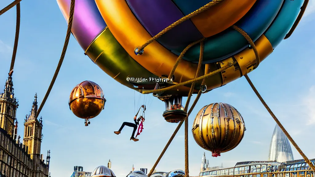 Prompt: large colorful futuristic space age metallic steampunk steam - powered balloons with pipework and electrical wiring around the outside, and people on rope swings underneath, flying high over the beautiful medieval london city landscape, professional photography, 8 0 mm telephoto lens, realistic, detailed, photorealistic, photojournalism