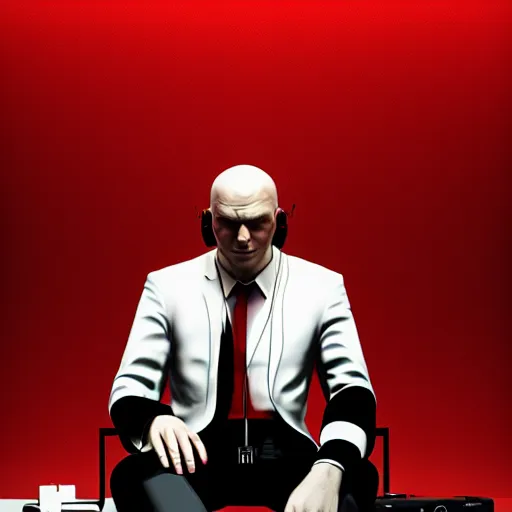 Image similar to a portrait of agent 4 7 from hitman wearing headphones, sitting in a room full of vinyl records, dark background, red rim light, highly detailed, digital art, artstation, concept art