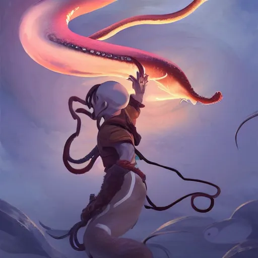 Prompt: Avatar Aang figting a giant squid, Intricate, highly detailed, digital painting, artstation, concept art, sharp focus, illustration, by Peter Mohrbacher:5 Trending on Artstation:5