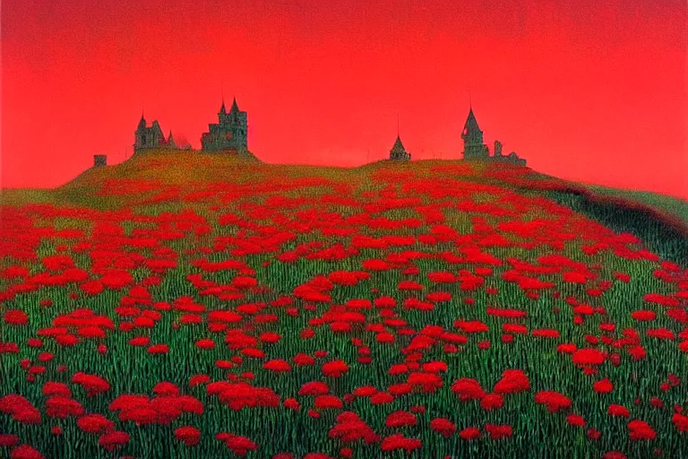 Image similar to only with red, red flowers of different types, a castle in the background, red giants rest over the flowers, in the style of beksinski, part by hopper, part by rodcenko, part by hofbauer, intricate composition, red by caravaggio, insanely quality, highly detailed, masterpiece, red light, artstation, 8 k