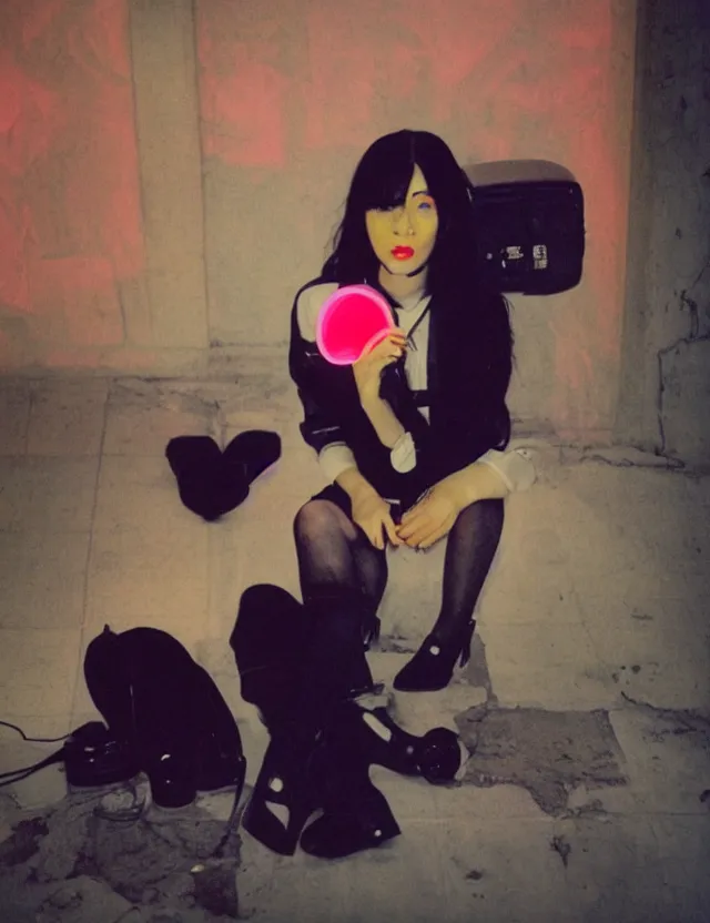 Image similar to portrait school girl with black hair and a strong grange makeup sitting on a floor in a subway, neon light, wide angle coloured polaroid photograph with flash, kodak film stock, hyper real, stunning moody cinematography, with anamorphic lenses, by maripol, fallen angels by wong kar - wai, style of suspiria and neon demon, detailed