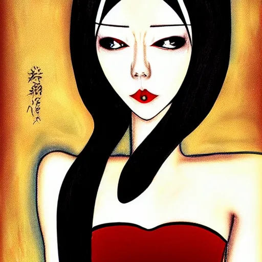 Prompt: portrait of a female modern vampire looking seductive at the camera by sana takeda