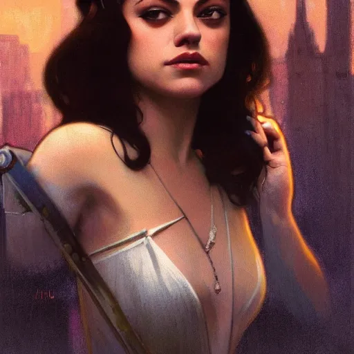 Image similar to a closeup portrait of a young mila kunis, 1 9 2 0 s, femme fatale, detective thriller, gorgeous view, night, film noir, eerie, high detail, sharp, masterpiece by artgerm and greg rutkowski and alphonse mucha, digital art, trending on artstation