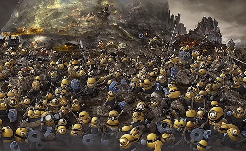 Image similar to diorama of minions fighting the battle of helm's deep, realistic, 4 k, detailed