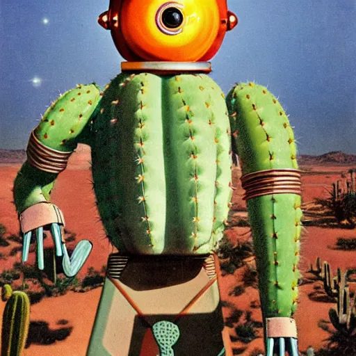 Image similar to a 1950s retro 3D Cactus robot, with space above the head. Bionic cacti Arms and eyes. subject in shot pop surrealism muted colours. by Jean-Baptiste Monge, wide shot