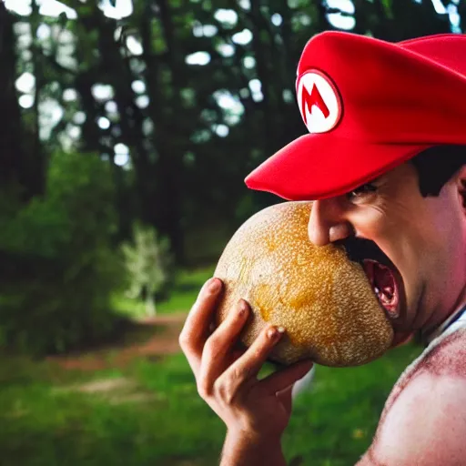 Image similar to photo of real life mario finding a giant mushroom, exhilarated, portrait, closeup. mouth open, 30mm, bokeh