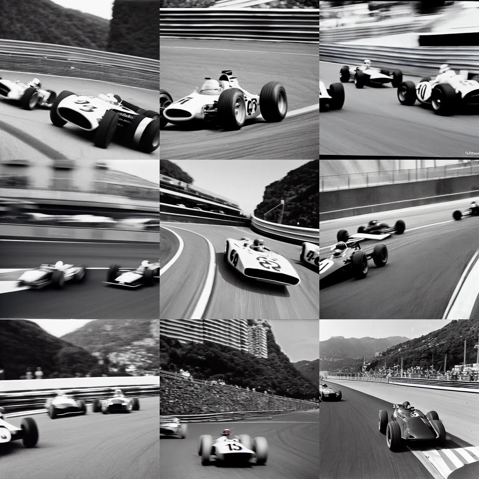 Prompt: car race overtaking at monaco, 6 0 s, film grain, motorsports photography