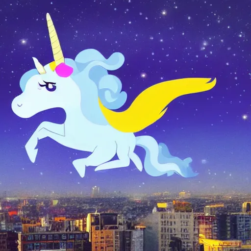 Image similar to unicorn flying above a city, whool universe
