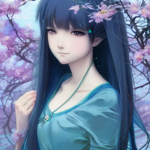 Prompt: adult girl with long aqua glass hair, aqua glass eyes, a small pigtail on the left side, chinese dress, anime style, hyper detailed, illustration, digital painting, art by artgerm and greg rutkowski and alphonse mucha, high delicate defined details, anime stylized, highly detailed, realistic, sharp focus