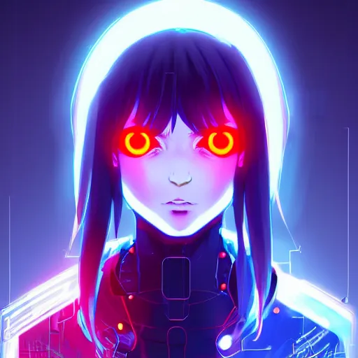 Image similar to digital cyberpunk anime character concept art, gorgeous anime girl symmetrical face, small female android cyborg - angel, glowing red left eye and glowing blue right eye, fullbody!! wlop, rossdraws sakimimichan, ilya kuvshinov, krenz cushart, greg rutkowski.