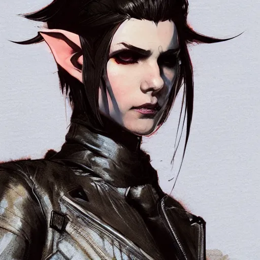 Image similar to full body portrait of an elf woman with elf ears wearing a leather jacket, cyberpunk digital art, dramatic lighting, illustration by Greg rutkowski, yoji shinkawa, 4k, digital art, concept art, trending on artstation